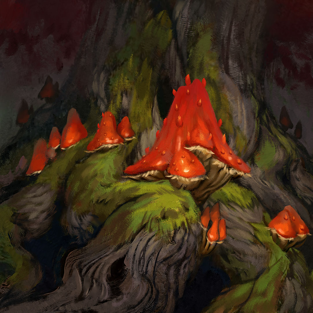 Chuluutsetseg fungi glowing among the roots of a Blood Cherry tree